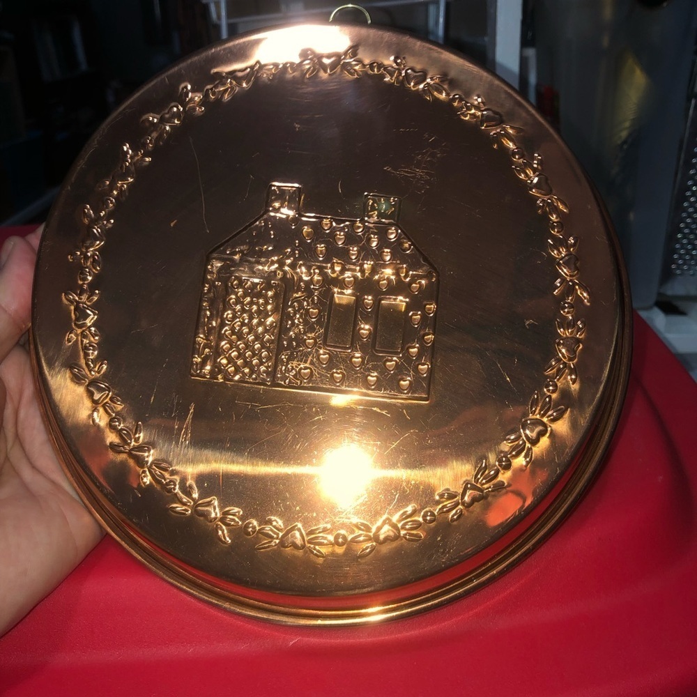 Vintage copper jello mold, brass hook, tin lining- kitchen wall display - used